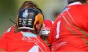 1 August 2019; Morgane Moreau of Canada in a huddle before the Native Born Camogie game against Europe Rovers during the Renault GAA World Games 2019 Day 4 at WIT Arena, Carriganore, Co. Waterford United. Photo by Piaras Ó Mídheach/Sportsfile