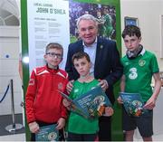 1 August 2019; Former Republic of Ireland International Ray Houghton with, from left, Theo Kelly, age 10, James Farrell, age 9, and Rory Farrell, age 14, all from Waterford City, at the launch of the National Football Exhibition Waterford at Waterford City Hall in Waterford. Photo by Matt Browne/Sportsfile