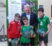 1 August 2019; Former Republic of Ireland International Ray Houghton with, from left, Theo Kelly, age 10, James Farrell, age 9, and Rory Farrell, age 14, all from Waterford City, at the launch of the National Football Exhibition Waterford at Waterford City Hall in Waterford. Photo by Matt Browne/Sportsfile