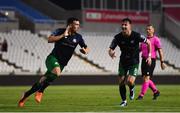1 August 2019; Aaron Greene of Shamrock Rovers celebrates after scoring his side's first goal during the UEFA Europa League 2nd Qualifying Round 2nd Leg match between Apollon Limassol and Shamrock Rovers at the GSP Stadium in Nicosia, Cyprus. Photo by Harry Murphy/Sportsfile