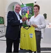 1 August 2019; Former Republic of Ireland International Ray Houghton and FIFA referee Michelle O'Neill during the launch of the National Football Exhibition Waterford at Waterford City Hall in Waterford. Photo by Matt Browne/Sportsfile