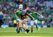 27 July 2019; Meabh Rouse, Gaelscoil an Eiscir Riada, Tullamore, Co Offaly, representing Kilkenny, and Maeve O’Donnell, Millquarter PS, Toomebridge, Antrim, representing Limerick, during the INTO Cumann na mBunscol GAA Respect Exhibition Go Games at the GAA Hurling All-Ireland Senior Championship Semi-Final match between Limerick and Kilkenny at Croke Park in Dublin. Photo by Ray McManus/Sportsfile