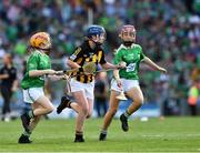 27 July 2019; Katie Ní Shlatara, Gaelscoil Uí Cheadaigh, Bray, Co Wicklow, representing Limerick, with Michaela Hand, Stonepark NS, Stonepark, Longford, representing Limerick, and Bethan Storin, Ahalin NS, Ballingarry, Limerick,  during the INTO Cumann na mBunscol GAA Respect Exhibition Go Games at the GAA Hurling All-Ireland Senior Championship Semi-Final match between Limerick and Kilkenny at Croke Park in Dublin. Photo by Ray McManus/Sportsfile