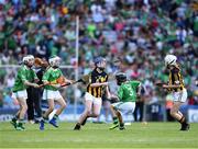 27 July 2019; Meabh Rouse, Gaelscoil an Eiscir Riada, Tullamore, Co Offaly, representing Kilkenny, and Ruth O'Connor, Scoil Naomh Eirc, Kilmoyley, Kerry, representing Limerick, during the INTO Cumann na mBunscol GAA Respect Exhibition Go Games at the GAA Hurling All-Ireland Senior Championship Semi-Final match between Limerick and Kilkenny at Croke Park in Dublin. Photo by Ray McManus/Sportsfile