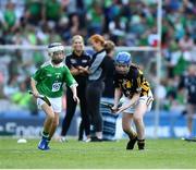 27 July 2019; Meabh Rouse, Gaelscoil an Eiscir Riada, Tullamore, Co Offaly, representing Kilkenny, and Ruth O'Connor, Scoil Naomh Eirc, Kilmoyley, Kerry, representing Limerick, during the INTO Cumann na mBunscol GAA Respect Exhibition Go Games at the GAA Hurling All-Ireland Senior Championship Semi-Final match between Limerick and Kilkenny at Croke Park in Dublin. Photo by Ray McManus/Sportsfile