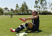1 August 2019; Louise Quinn laces her boots during a Republic of Ireland women's team training session at Dignity Health Sports Park in Carson, California, USA. Photo by Cody Glenn/Sportsfile