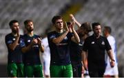1 August 2019; Dylan Watts of Shamrock Rovers, centre, applauds fans following the UEFA Europa League 2nd Qualifying Round 2nd Leg match between Apollon Limassol and Shamrock Rovers at the GSP Stadium in Nicosia, Cyprus. Photo by Harry Murphy/Sportsfile