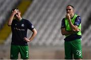1 August 2019; Dylan Watts, left, and Joey O'Brien of Shamrock Rovers look dejected following the UEFA Europa League 2nd Qualifying Round 2nd Leg match between Apollon Limassol and Shamrock Rovers at the GSP Stadium in Nicosia, Cyprus. Photo by Harry Murphy/Sportsfile