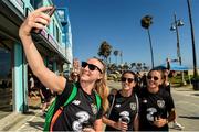 2 August 2019; Louise Quinn, takes a group selfie with teammates Niamh Fahey, centre, and Katie McCabe during a Republic of Ireland Women's Team visit to Venice Beach in Los Angeles, California, USA. Photo by Cody Glenn/Sportsfile