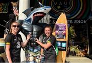 2 August 2019; Claire O'Riordan, left, and teammate Eleanor Ryan-Doyle pose for a photograph in front of a surfing shark figure during a Republic of Ireland Women's Team visit to Venice Beach in Los Angeles, California, USA. Photo by Cody Glenn/Sportsfile