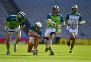 2 August 2019; Lauritz Bonnen of Europe, centre, in action against Cian Kelly, left, and Tadhg Bolger of Ireland during a Hurling/Lacrosse Exhibition Game after the Renault GAA World Games 2019 Day 5 - Cup Finals at Croke Park in Dublin. Photo by Piaras Ó Mídheach/Sportsfile