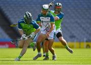 2 August 2019; Lauritz Bonnen of Europe, centre, in action against Cian Kelly, left, and Tadhg Bolger of Ireland during a Hurling/Lacrosse Exhibition Game after the Renault GAA World Games 2019 Day 5 - Cup Finals at Croke Park in Dublin. Photo by Piaras Ó Mídheach/Sportsfile