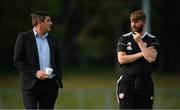 2 August 2019; Derry City manager Declan Devine, left, and academy director Paddy McCourt ahead of the SSE Airtricity League Premier Division match between UCD and Derry City at the UCD Bowl in Belfield, Dublin. Photo by Ramsey Cardy/Sportsfile