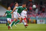 2 August 2019; Dan Casey of Cork City in action against Dean Clarke of St Patrick's Athletic during the SSE Airtricity League Premier Division match between Cork City and St Patrick's Athletic at Turners Cross in Cork. Photo by Eóin Noonan/Sportsfile