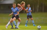 2 August 2019; Greg Sloggett of Derry City in action against Jack Keaney of UCD during the SSE Airtricity League Premier Division match between UCD and Derry City at the UCD Bowl in Belfield, Dublin. Photo by Ramsey Cardy/Sportsfile