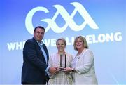 2 August 2019; Marie Hickey, President, Ladies Gaelic Football Association and Paddy Magee, Country Manager for Renault Ireland presents a Native Ladies Gaelic Football Best & Fairest Award to Lauren Saunders from Australasia during the Renault GAA World Games 2019 Closing Reception at Croke Park in Dublin. Photo by Matt Browne/Sportsfile
