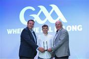 2 August 2019; Uachtaráin Cumann Lúthchleas Gael John Horan and Paddy Magee, Country Manager for Renault Ireland presents a Native Hurling Best & Fairest Award to Dylan Grace from New York during the Renault GAA World Games 2019 Closing Reception at Croke Park in Dublin. Photo by Matt Browne/Sportsfile
