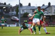 2 August 2019; Dan Casey of Cork City is tackled by Dean Clarke of St Patrick's Athletic during the SSE Airtricity League Premier Division match between Cork City and St Patrick's Athletic at Turners Cross in Cork. Photo by Eóin Noonan/Sportsfile