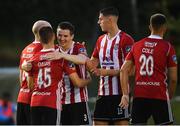 2 August 2019; Derry City's Conor Davis, 45, celebrates with team-mate Ciarán Coll after scoring his side's second goalduring the SSE Airtricity League Premier Division match between UCD and Derry City at the UCD Bowl in Belfield, Dublin. Photo by Ramsey Cardy/Sportsfile