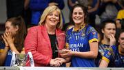 3 August 2019; Ciara Healy of Longford is presented with the player of the match award by Marua Hickey, Uachtarán, Ladies Gaelic Football Association, after the All-Ireland Ladies Football Minor B Final match between Longford and Roscommon at Duggan Park in Ballinasloe, Galway. Photo by Ray McManus/Sportsfile