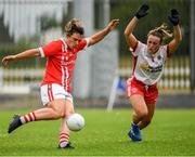 3 August 2019; Doireannn O'Sullivan of Cork shoots past Tori McLaughlin of Tyrone to score her side's 4th goal during the TG4 All-Ireland Ladies Football Senior Championship Quarter-Final match between Cork and Tyrone at Duggan Park in Ballinasloe, Galway. Photo by Ray McManus/Sportsfile