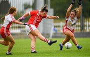3 August 2019; Doireannn O'Sullivan of Cork shoots past Tori McLaughlin and Niamh McGirr, left, of Tyrone to score her side's 4th goal during the TG4 All-Ireland Ladies Football Senior Championship Quarter-Final match between Cork and Tyrone at Duggan Park in Ballinasloe, Galway. Photo by Ray McManus/Sportsfile