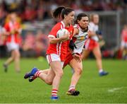 3 August 2019; Eimear Scally of Cork in action against Caoileann Conway of Tyrone during the TG4 All-Ireland Ladies Football Senior Championship Quarter-Final match between Cork and Tyrone at Duggan Park in Ballinasloe, Galway. Photo by Ray McManus/Sportsfile