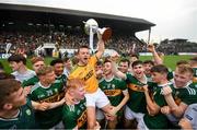 3 August 2019; Kerry captain Adam O'Sullivan and team-mates celebrate with the Richie McElligott Cup following the Bord Gais Energy GAA Hurling All-Ireland U20B Championship Final match between Down and Kerry at Páirc Tailteann in Navan, Meath. Photo by Stephen McCarthy/Sportsfile