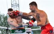 3 August 2019; Damien Sullivan, left, in action against Mateusz Kubiszyn during their cruiserweight bout at Falls Park in Belfast. Photo by Ramsey Cardy/Sportsfile