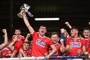 3 August 2019; Cork captain Peter O'Driscoll lifts the cup as his team-mates celebrate after the EirGrid GAA Football All-Ireland U20 Championship Final match between Cork and Dublin at O’Moore Park in  Portlaoise, Laois. Photo by Matt Browne/Sportsfile