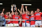 3 August 2019; Cork captain Peter O'Driscoll lifts the cup as his team-mates celebrate after the EirGrid GAA Football All-Ireland U20 Championship Final match between Cork and Dublin at O’Moore Park in  Portlaoise, Laois. Photo by Matt Browne/Sportsfile