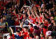 3 August 2019; Cork captain Peter O'Driscoll lifts the trophy followingthe EirGrid GAA Football All-Ireland U20 Championship Final match between Cork and Dublin at O’Moore Park in Portlaoise, Laois. Photo by Harry Murphy/Sportsfile