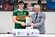 3 August 2019; Donal O'Sullivan of Kerry is presented with the Man of the Match award by Bord Gáis Energy customer Pat Mullaney, from Navan Town, following the Bord Gais Energy GAA Hurling All-Ireland U20B Championship Final match between Down and Kerry at Páirc Tailteann in Navan, Meath. Photo by Stephen McCarthy/Sportsfile