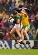 3 August 2019; Aidan O’Shea of Mayo in action against Jason McGee of Donegal during the GAA Football All-Ireland Senior Championship Quarter-Final Group 1 Phase 3 match between Mayo and Donegal at Elvery’s MacHale Park in Castlebar, Mayo. Photo by Daire Brennan/Sportsfile