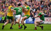 3 August 2019; Michael Murphy of Donegal in action against Stephen Coen of Mayo during the GAA Football All-Ireland Senior Championship Quarter-Final Group 1 Phase 3 match between Mayo and Donegal at Elvery’s MacHale Park in Castlebar, Mayo. Photo by Brendan Moran/Sportsfile