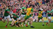 3 August 2019; Daire Ó Baoill of Donegal in action against Kevin McLoughlin of Mayo during the GAA Football All-Ireland Senior Championship Quarter-Final Group 1 Phase 3 match between Mayo and Donegal at Elvery’s MacHale Park in Castlebar, Mayo. Photo by Brendan Moran/Sportsfile