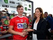 3 August 2019; Cathal O'Mahony of Cork is presented with the Man of the Match award by Valerie Hedin following the EirGrid GAA Football All-Ireland U20 Championship Final match between Cork and Dublin at O’Moore Park in Portlaoise, Laois. Photo by Harry Murphy/Sportsfile