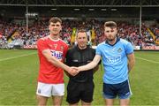 3 August 2019; Referee Derek O'Mahony with Cork captain Peter O'Driscoll and Dublin captain James Doran before the EirGrid GAA Football All-Ireland U20 Championship Final match between Cork and Dublin at O’Moore Park in Portlaoise, Laois. Photo by Matt Browne/Sportsfile