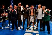 3 August 2019; Michael Conlan celebrates victory with his team and Bob Arum, CEO of TopRank, far left, after defeating Diego Alberto Ruiz during their WBA and WBO Inter-Continental Featherweight title bout at Falls Park in Belfast. Photo by Ramsey Cardy/Sportsfile