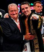 3 August 2019; Michael Conlan celebrates victory with Bob Arum, CEO of TopRank, left, after defeating Diego Alberto Ruiz during their WBA and WBO Inter-Continental Featherweight title bout at Falls Park in Belfast. Photo by Ramsey Cardy/Sportsfile