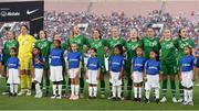 3 August 2019; Republic of Ireland players sing their national anthem prior to the Women's International Friendly match between USA and Republic of Ireland at Rose Bowl in Pasadena, California, USA. Photo by Cody Glenn/Sportsfile