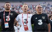 3 August 2019; Republic of Ireland interim manager Tom O'Connor, right, with coach Gary Seery, centre, and goalkeeping coach Gianluca Kohn, left, prior to the Women's International Friendly match between USA and Republic of Ireland at Rose Bowl in Pasadena, California, USA. Photo by Cody Glenn/Sportsfile