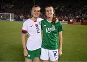 3 August 2019; Claire Walsh of Republic of Ireland, left, poses for a photograph with Tierna Davidson of USA after trading jersey's following the Women's International Friendly match between USA and Republic of Ireland at Rose Bowl in Pasadena, California, USA. Photo by Cody Glenn/Sportsfile