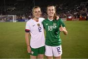 3 August 2019; Claire Walsh of Republic of Ireland, left, poses for a photograph with Tierna Davidson of USA after trading jersey's following the Women's International Friendly match between USA and Republic of Ireland at Rose Bowl in Pasadena, California, USA. Photo by Cody Glenn/Sportsfile