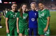 3 August 2019; Megan Rapinoe of USA poses for a photograph with Republic of Ireland teammates, from left, Jess Gargan, Lauren Dwyer, and Rianna Jarrett during the Women's International Friendly match between USA and Republic of Ireland at Rose Bowl in Pasadena, California, USA. Photo by Cody Glenn/Sportsfile
