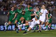 3 August 2019; Julie Ertz of USA heads the ball from a corner despite the attention of Republic of Ireland players Louise Quinn, 4, and Rianna Jarrett during the Women's International Friendly match between USA and Republic of Ireland at Rose Bowl in Pasadena, California, USA. Photo by Cody Glenn/Sportsfile