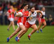 3 August 2019; Eimear Scally of Cork in action against Caoileann Conway of Tyrone during the TG4 All-Ireland Ladies Football Senior Championship Quarter-Final match between Cork and Tyrone at Duggan Park in Ballinasloe, Galway. Photo by Ray McManus/Sportsfile
