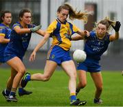 3 August 2019; Ellen Irwin of Roscommon in action against Kara Shanon, left, and Orla Nevin of Longford during the All-Ireland Ladies Football Minor B Final match between Longford and Roscommon at Duggan Park in Ballinasloe, Galway. Photo by Ray McManus/Sportsfile