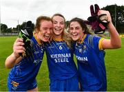 3 August 2019; Dearbhaile Rooney, left, Orla Nevin, 6, and Ciara Healy of Longford celebrate after the All-Ireland Ladies Football Minor B Final match between Longford and Roscommon at Duggan Park in Ballinasloe, Galway. Photo by Ray McManus/Sportsfile