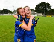 3 August 2019; Dearbhaile Rooney, left, and Orla Nevin of Longford celebrate after the All-Ireland Ladies Football Minor B Final match between Longford and Roscommon at Duggan Park in Ballinasloe, Galway. Photo by Ray McManus/Sportsfile
